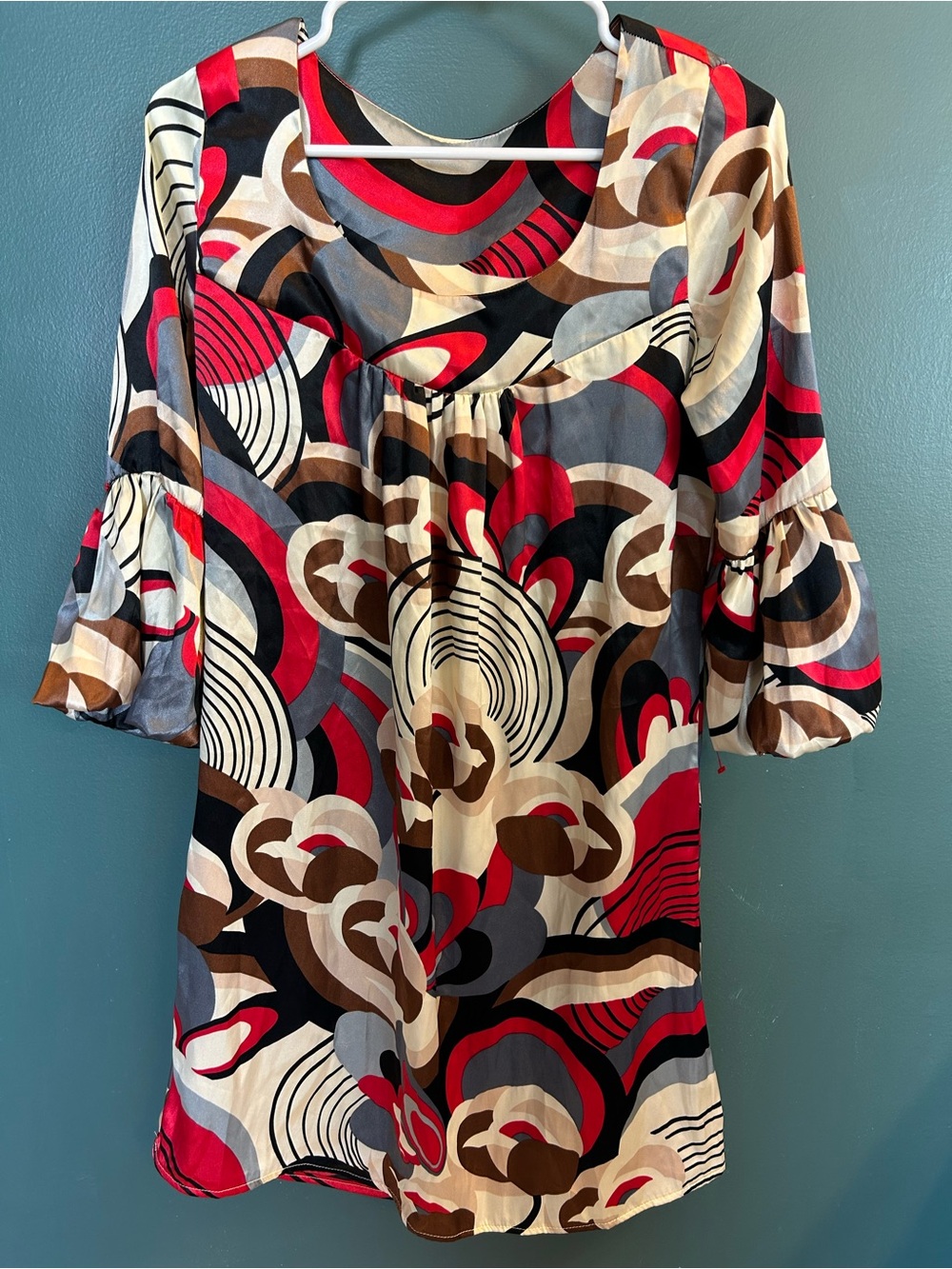 Women’s Abstract Print Bell Sleeve Top - Red, Black, Cream